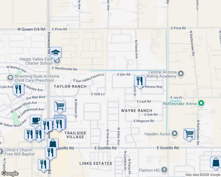 map of restaurants, bars, coffee shops, grocery stores, and more near 41528 Maple Lane in San Tan Valley