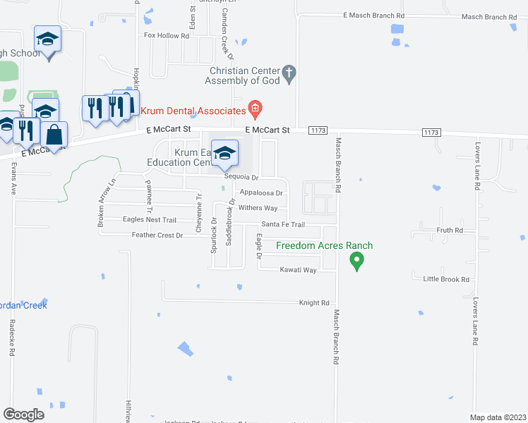 map of restaurants, bars, coffee shops, grocery stores, and more near 1618 Withers Way in Krum