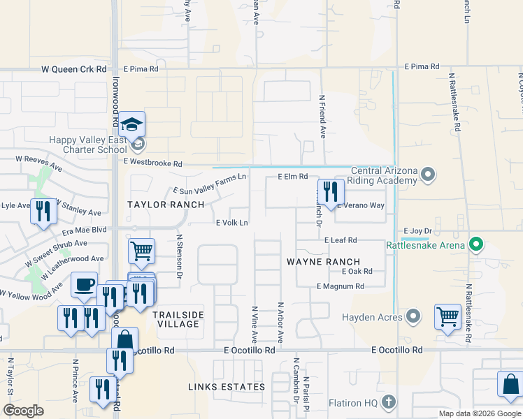 map of restaurants, bars, coffee shops, grocery stores, and more near 41528 Maple Lane in San Tan Valley