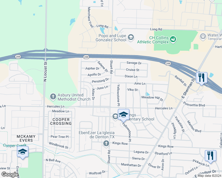 map of restaurants, bars, coffee shops, grocery stores, and more near 3914 Stuart Road in Denton