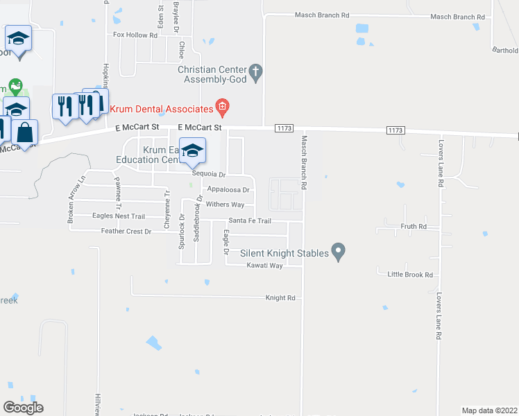 map of restaurants, bars, coffee shops, grocery stores, and more near 1647 Sequoia Drive in Krum
