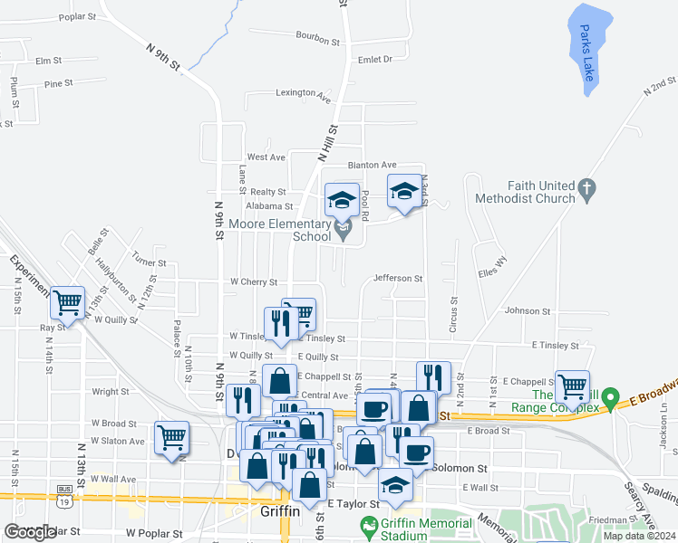 map of restaurants, bars, coffee shops, grocery stores, and more near 513 Clifton Drive in Griffin