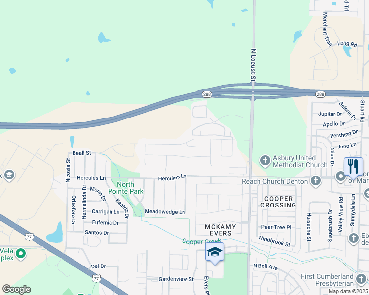 map of restaurants, bars, coffee shops, grocery stores, and more near 401 Ame Drive in Denton