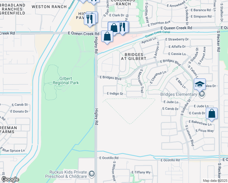 map of restaurants, bars, coffee shops, grocery stores, and more near 3292 Indigo Street in Gilbert