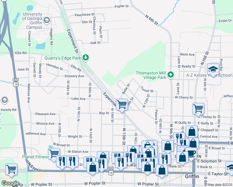 map of restaurants, bars, coffee shops, grocery stores, and more near 822 Williams Street in Griffin