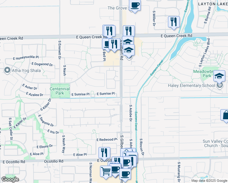 map of restaurants, bars, coffee shops, grocery stores, and more near 2970 East Sunrise Place in Chandler