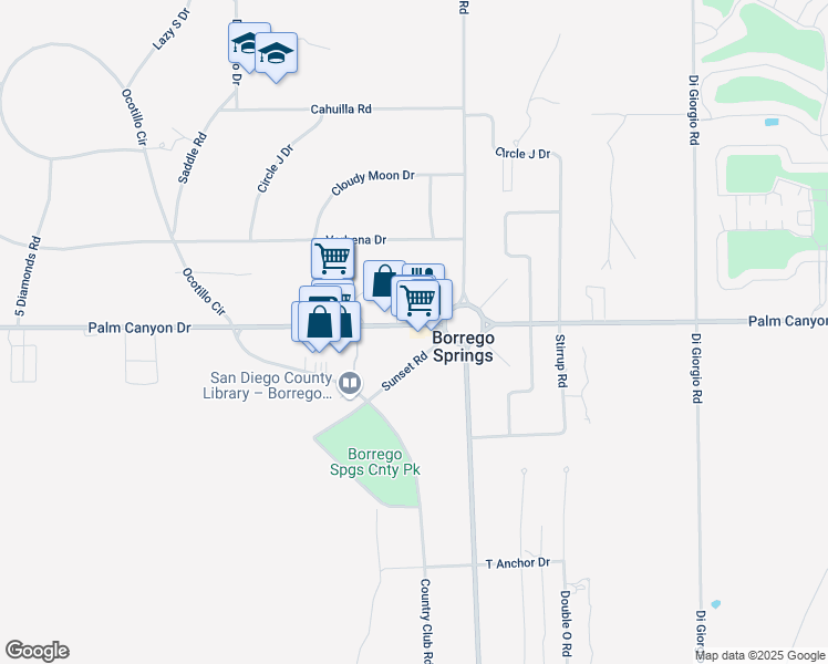 map of restaurants, bars, coffee shops, grocery stores, and more near Palm Canyon Drive in Borrego Springs