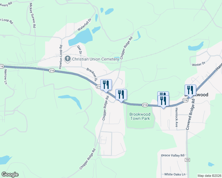 map of restaurants, bars, coffee shops, grocery stores, and more near 15690 Walden Pond Rd in Brookwood