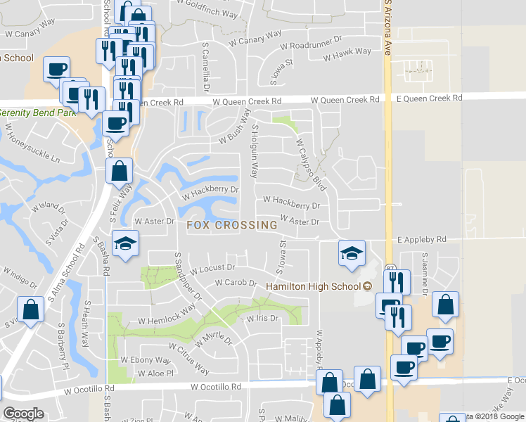 map of restaurants, bars, coffee shops, grocery stores, and more near 452 West Aster Drive in Chandler