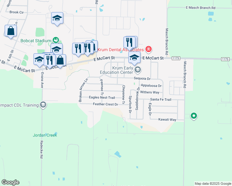 map of restaurants, bars, coffee shops, grocery stores, and more near 1408 Aztec Trail in Krum