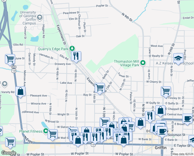 map of restaurants, bars, coffee shops, grocery stores, and more near 822 Williams Street in Griffin