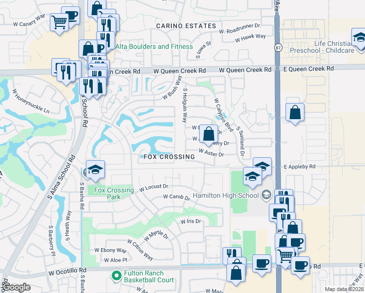 map of restaurants, bars, coffee shops, grocery stores, and more near 452 West Aster Drive in Chandler