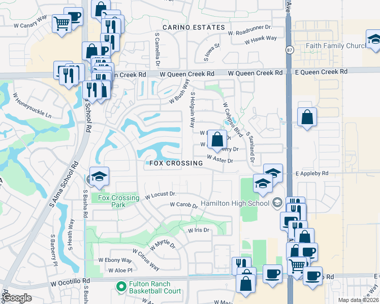 map of restaurants, bars, coffee shops, grocery stores, and more near 452 West Aster Drive in Chandler