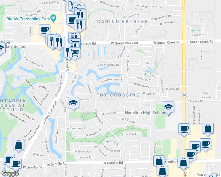 map of restaurants, bars, coffee shops, grocery stores, and more near 682 West Aster Court in Chandler