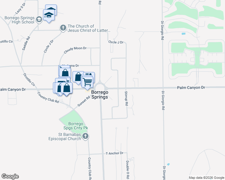 map of restaurants, bars, coffee shops, grocery stores, and more near 747 Palm Canyon Drive in Borrego Springs