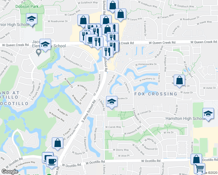 map of restaurants, bars, coffee shops, grocery stores, and more near 3407 South Felix Way in Chandler