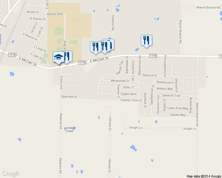 map of restaurants, bars, coffee shops, grocery stores, and more near 1226 Aztec Trail in Krum