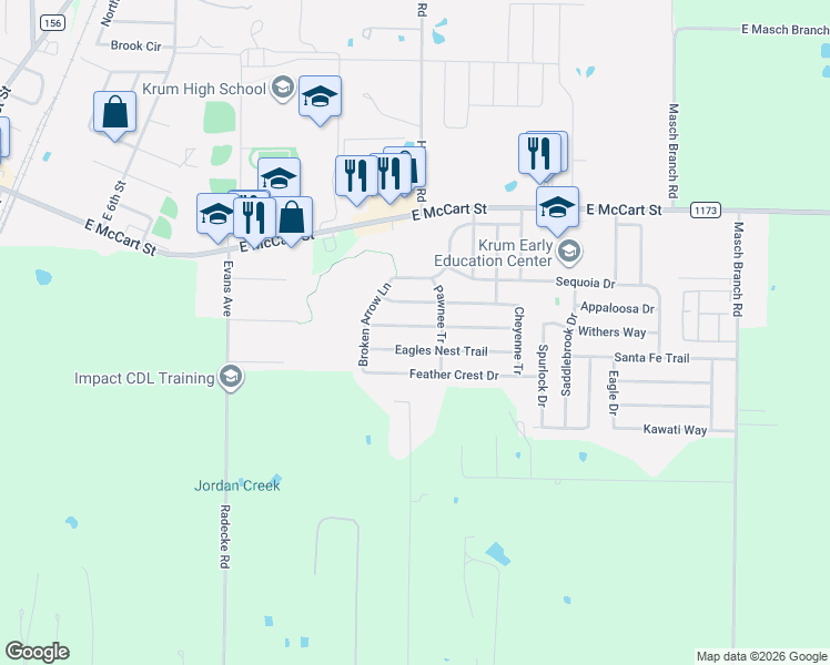 map of restaurants, bars, coffee shops, grocery stores, and more near 1226 Aztec Trail in Krum