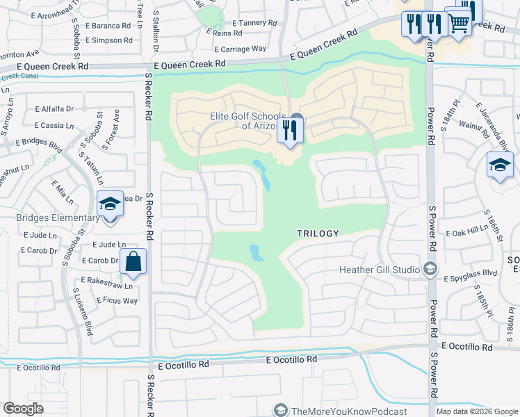 map of restaurants, bars, coffee shops, grocery stores, and more near 5175 South Peach Willow Lane in Gilbert
