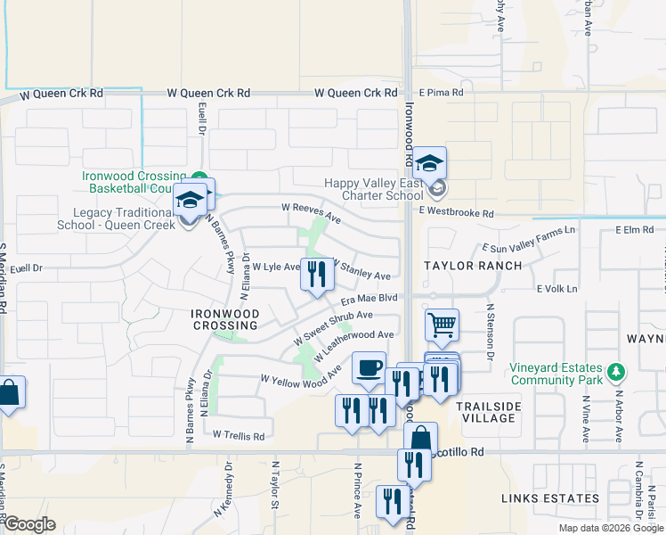 map of restaurants, bars, coffee shops, grocery stores, and more near 337 West Stanley Avenue in San Tan Valley