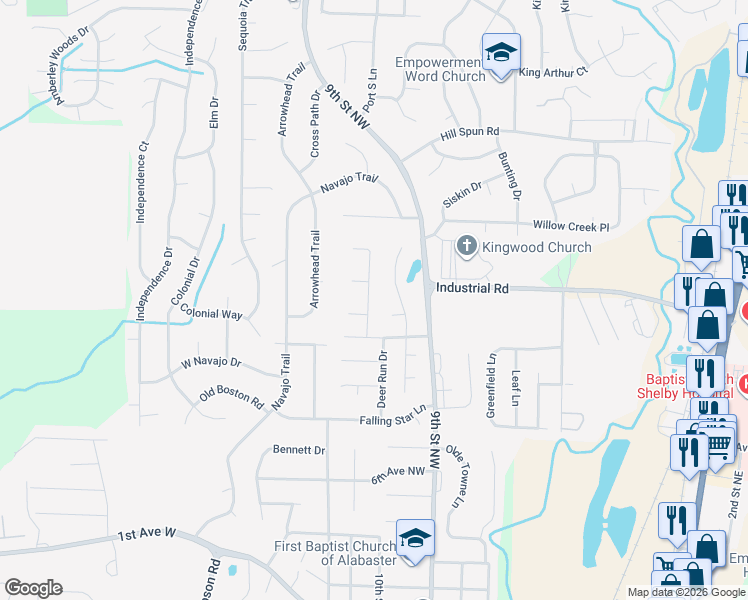 map of restaurants, bars, coffee shops, grocery stores, and more near 116 Longfeather Lane in Alabaster