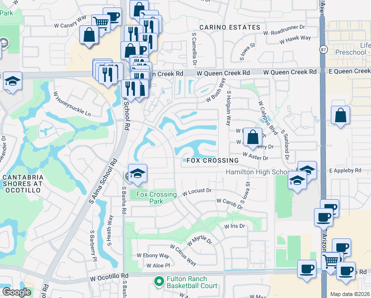 map of restaurants, bars, coffee shops, grocery stores, and more near 3430 South Camellia Place in Chandler