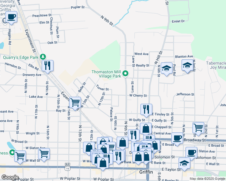 map of restaurants, bars, coffee shops, grocery stores, and more near 440 Turner Street in Griffin