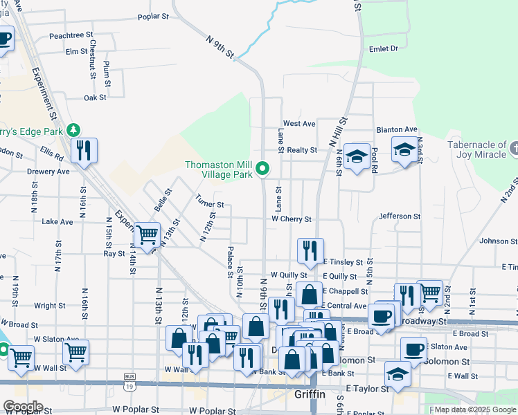 map of restaurants, bars, coffee shops, grocery stores, and more near 513 North 9th Street in Griffin