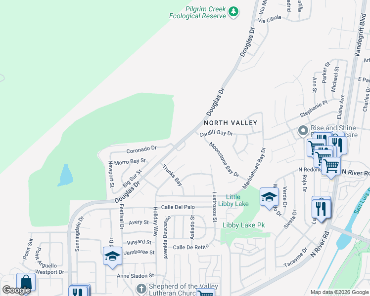 map of restaurants, bars, coffee shops, grocery stores, and more near 4575 Douglas Drive in Oceanside