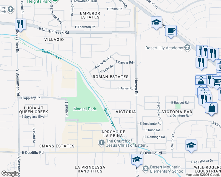 map of restaurants, bars, coffee shops, grocery stores, and more near 19823 East Julius Road in Queen Creek