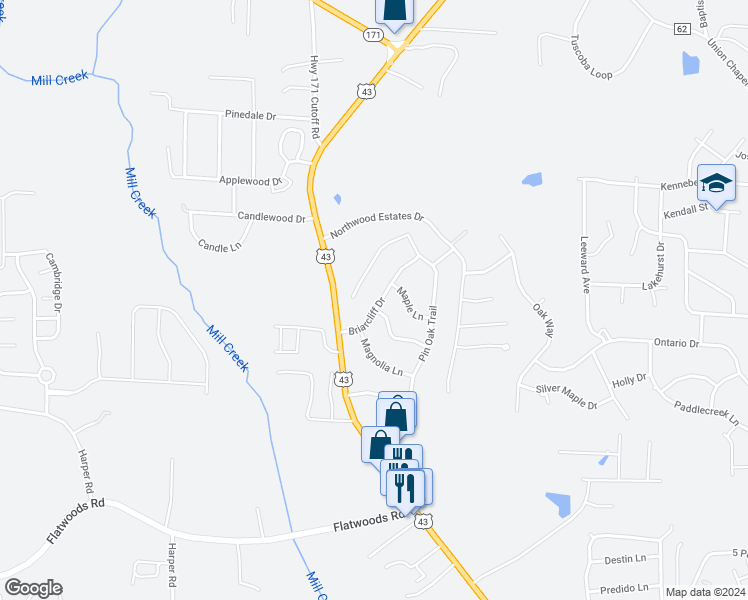 map of restaurants, bars, coffee shops, grocery stores, and more near 5112 Briarcliff Drive in Northport