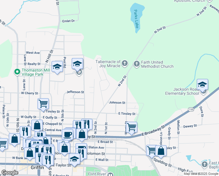 map of restaurants, bars, coffee shops, grocery stores, and more near 588 Elles Way in Griffin