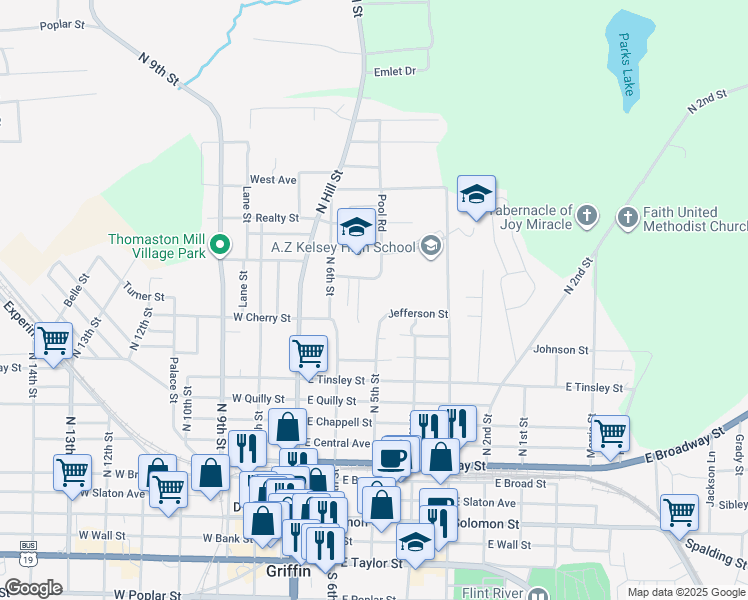 map of restaurants, bars, coffee shops, grocery stores, and more near 518 Clifton Drive in Griffin