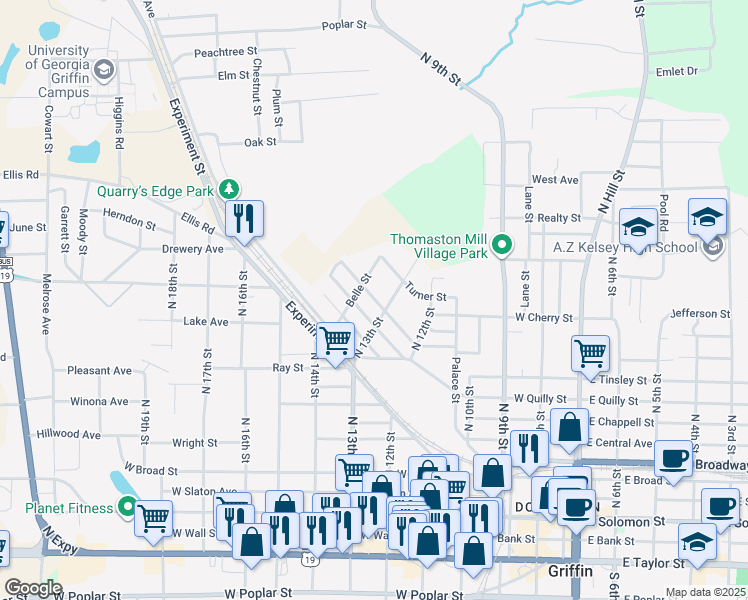 map of restaurants, bars, coffee shops, grocery stores, and more near 448 Belle Street in Griffin
