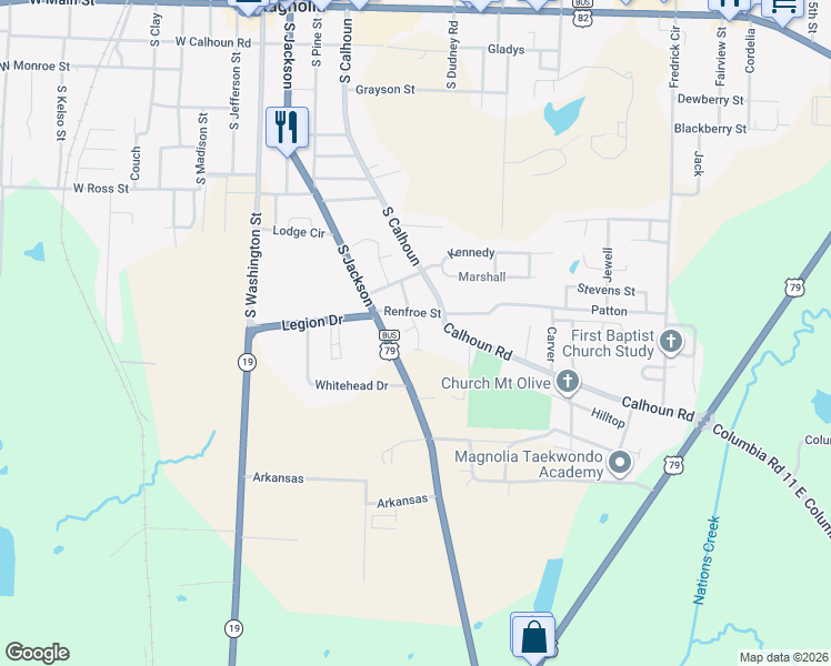 map of restaurants, bars, coffee shops, grocery stores, and more near 601 Calhoun Road in Magnolia