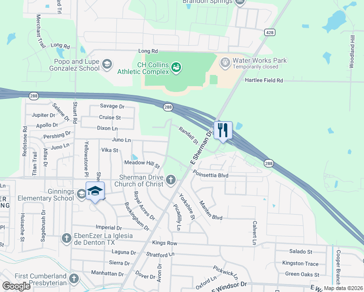 map of restaurants, bars, coffee shops, grocery stores, and more near 3851 East Sherman Drive in Denton