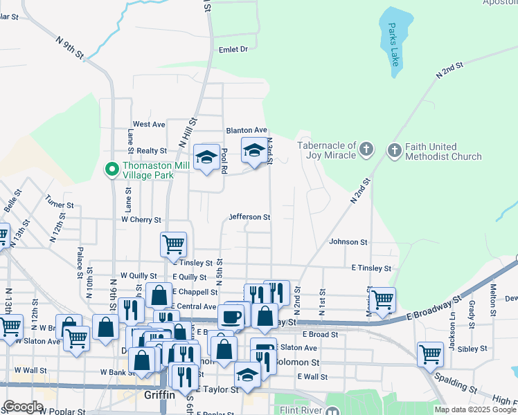 map of restaurants, bars, coffee shops, grocery stores, and more near 415 Jefferson Street in Griffin
