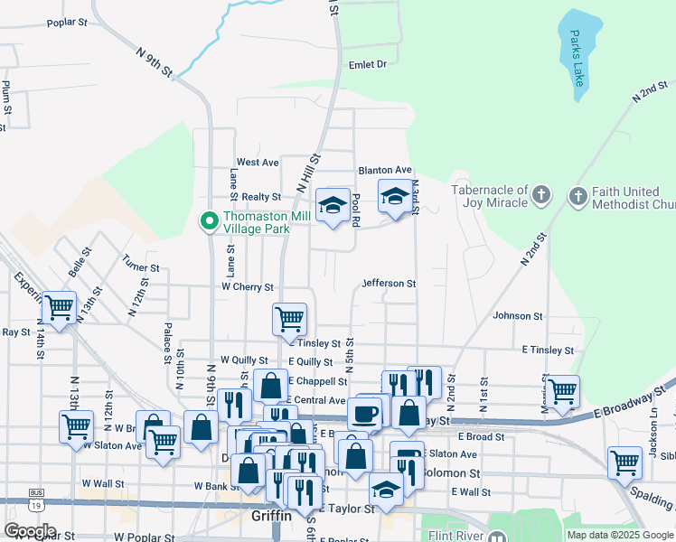 map of restaurants, bars, coffee shops, grocery stores, and more near 518 Clifton Drive in Griffin