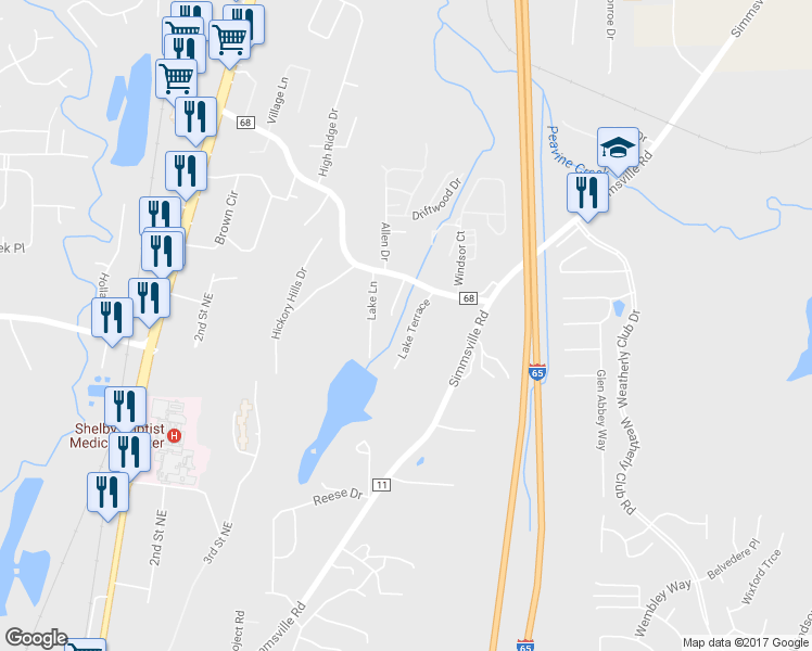 map of restaurants, bars, coffee shops, grocery stores, and more near 124 Lake Terrace in Alabaster