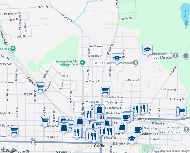 map of restaurants, bars, coffee shops, grocery stores, and more near 525 North 8th Street in Griffin