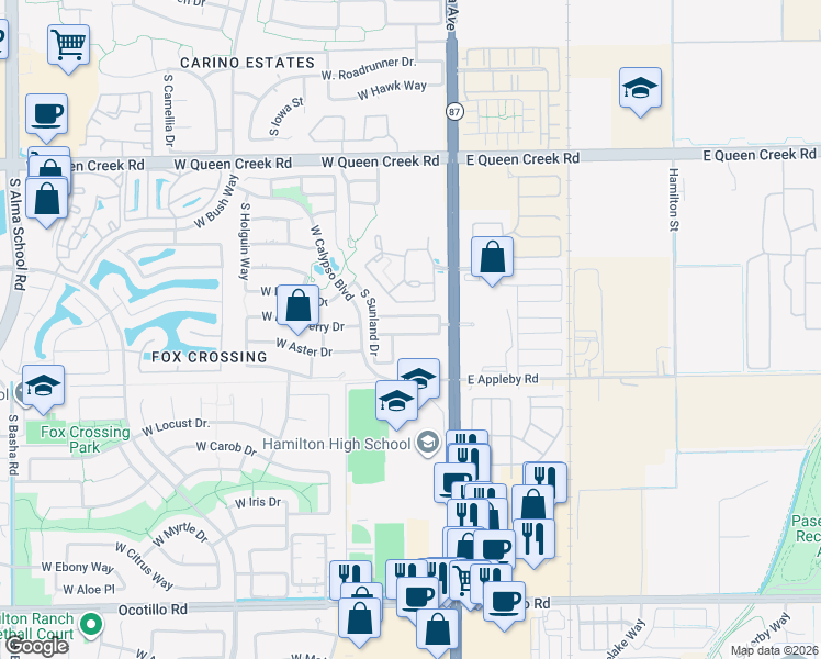 map of restaurants, bars, coffee shops, grocery stores, and more near 92 West Aster Drive in Chandler