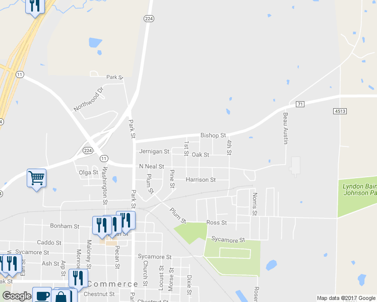 map of restaurants, bars, coffee shops, grocery stores, and more near 611 Oak Street in Commerce