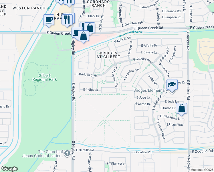 map of restaurants, bars, coffee shops, grocery stores, and more near 3436 Indigo Street in Gilbert