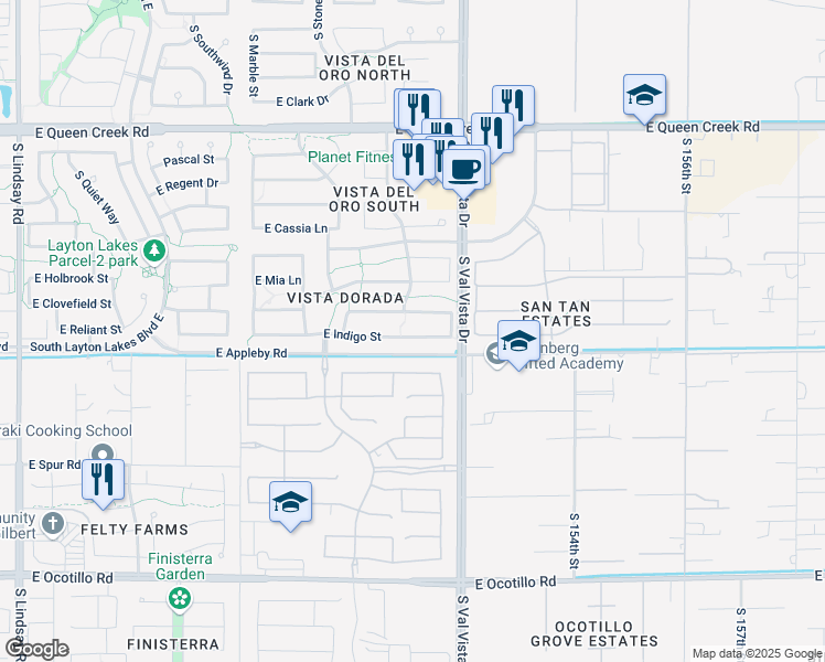 map of restaurants, bars, coffee shops, grocery stores, and more near 1510 East Indigo Street in Gilbert