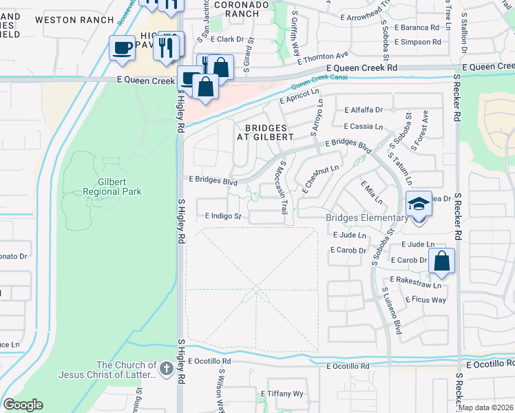 map of restaurants, bars, coffee shops, grocery stores, and more near 3436 Indigo Street in Gilbert