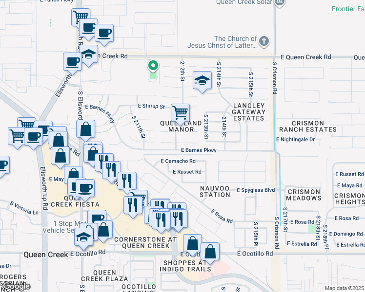 map of restaurants, bars, coffee shops, grocery stores, and more near 21219 East Nightingale Road in Queen Creek