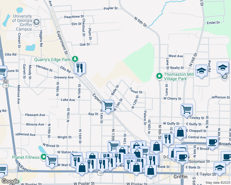 map of restaurants, bars, coffee shops, grocery stores, and more near 448 Belle Street in Griffin