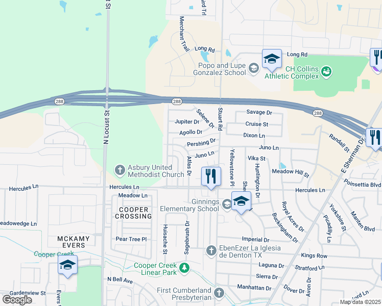map of restaurants, bars, coffee shops, grocery stores, and more near 3925 Atlas Drive in Denton