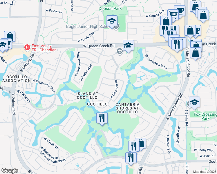 map of restaurants, bars, coffee shops, grocery stores, and more near 1595 West Hackberry Drive in Chandler
