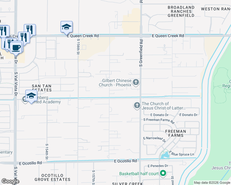 map of restaurants, bars, coffee shops, grocery stores, and more near 5161 South 158th Street in Gilbert